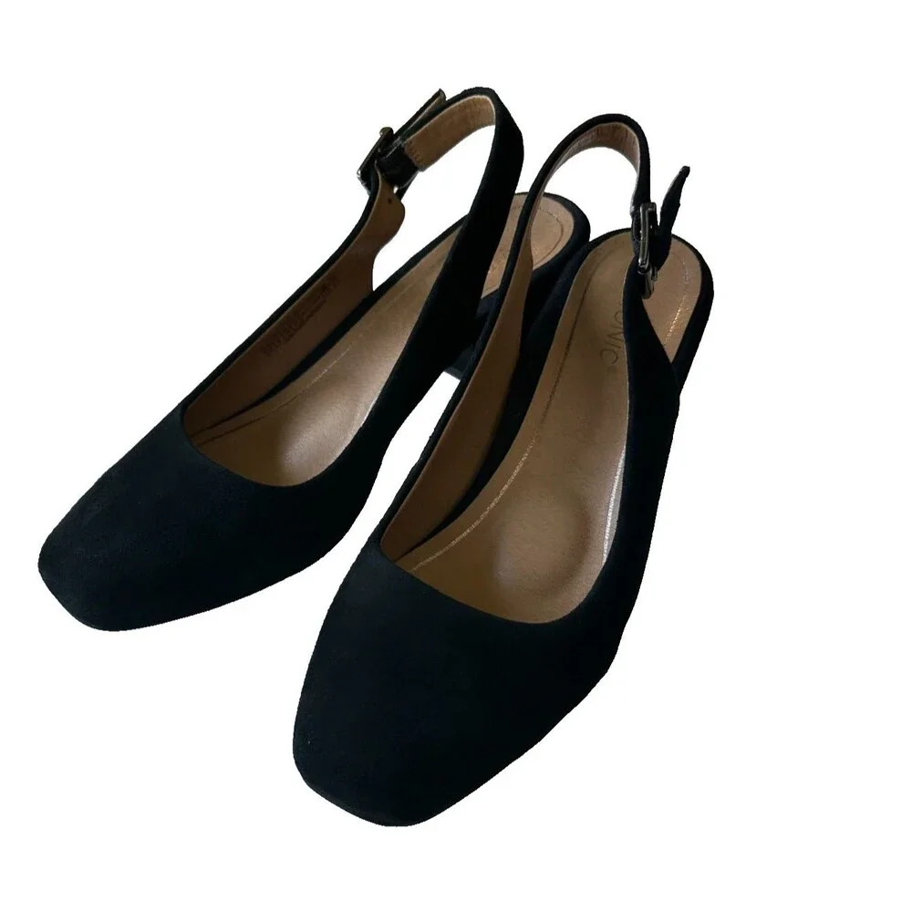 Vionic Nareen Plaza Black Suede Slingback Block Heel Comfort Shoes Size 10